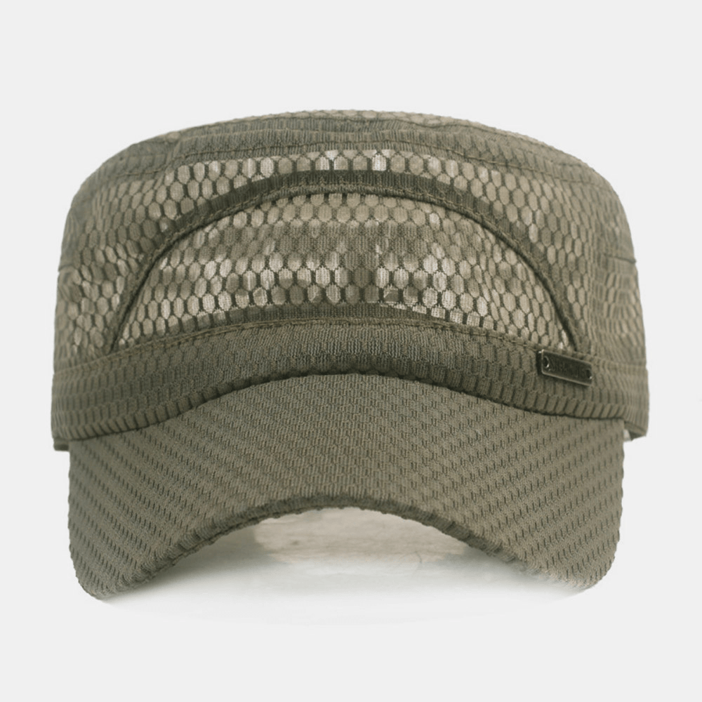 Men Adjustable Mesh Breathable Solid Color Military Cap Flat Cap with Letter Metal Label - Trendha