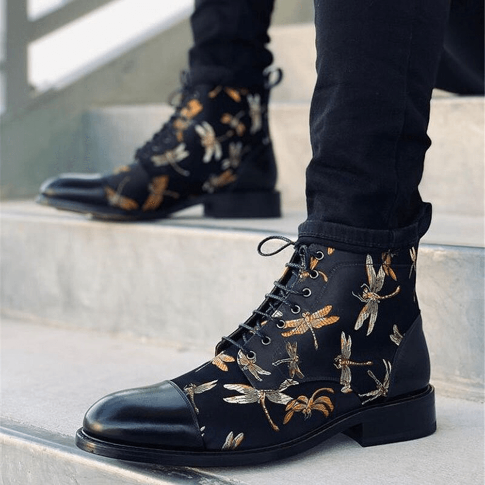 Men British Style Cap Toe Splicing Dragonflies Printed Cloth Ankle Jack Boots - Trendha