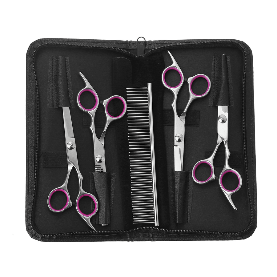 6Pcs Stainless Pet Dog Cat Hair Grooming Scissors Cutting Curved Thinning Shears - Trendha