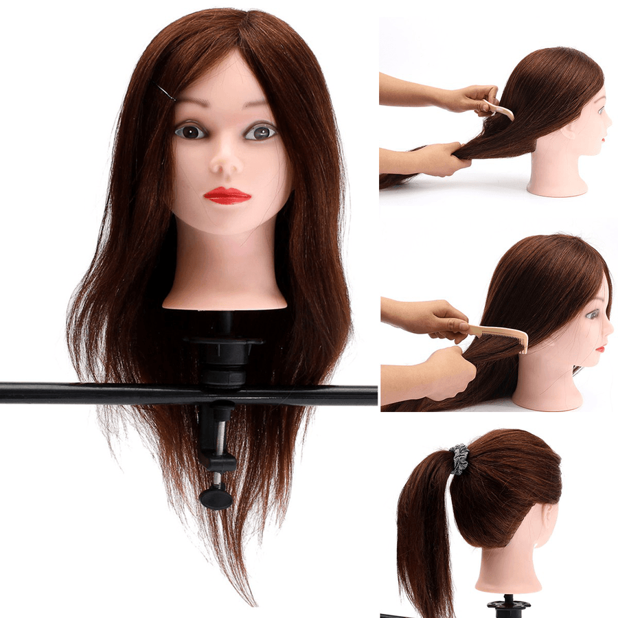 20" Brown 90% Human Hair Hairdressing Training Head Mannequin Model Braiding Practice Salon Clamp - Trendha