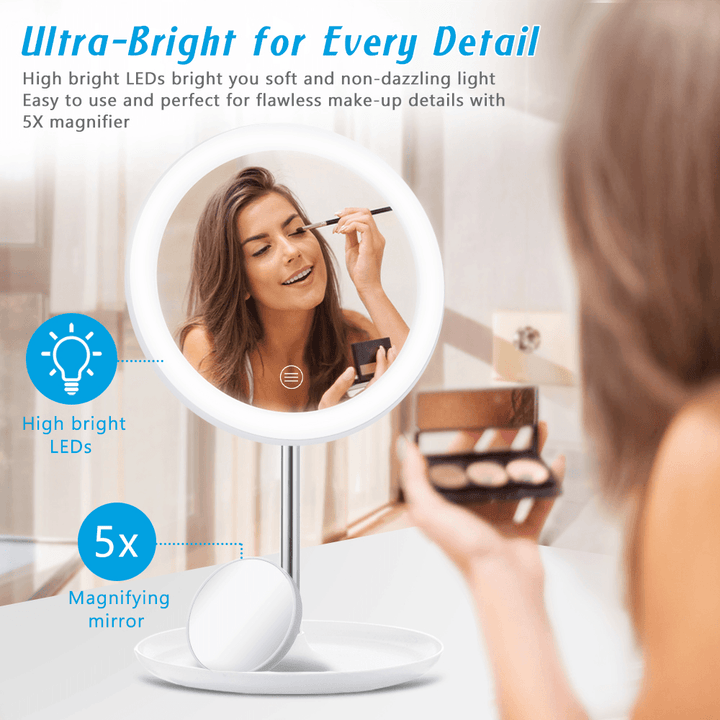 GLIME White Circular Mirrors Lamp 1200 Ma Battery with 5X Magnifier Touch Switch Three Color Temperature Adjustment Polarless Dimming Distribution USB Wire - Trendha