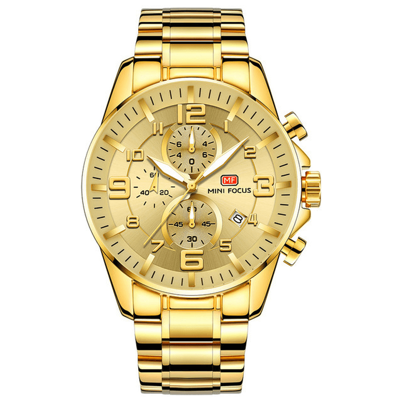 MINI FOCUS MF0278G Royal Golden Stainless Steel Chronograph Business Quartz Watch Men Wristwatch - Trendha