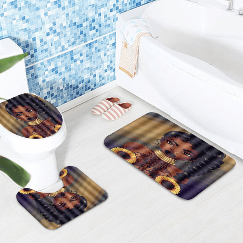African Black Woman Girl Bathroom Shower Curtain Toilet Cover Pedestal Decor Set - Trendha