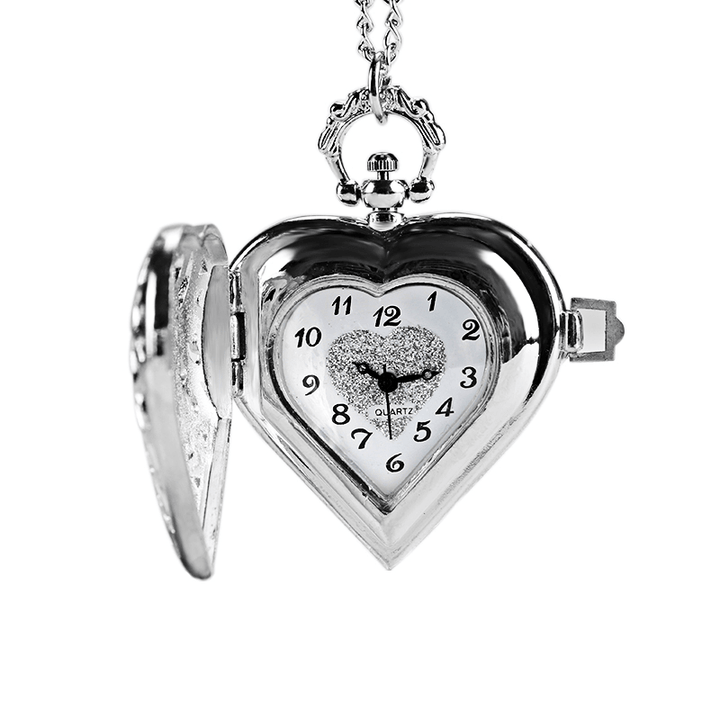 DEFFRUN Silver Heart Shape Hollow Quartz Pocket Watch - Trendha