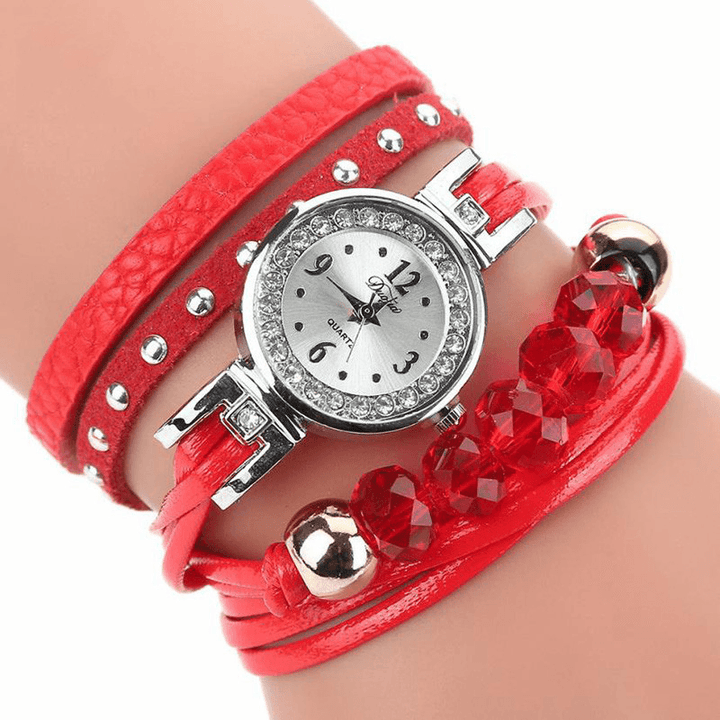 DUOYA D214 Crystal Casual Style Women Bracelet Watch Gift Leather Strap Quartz Watch - Trendha