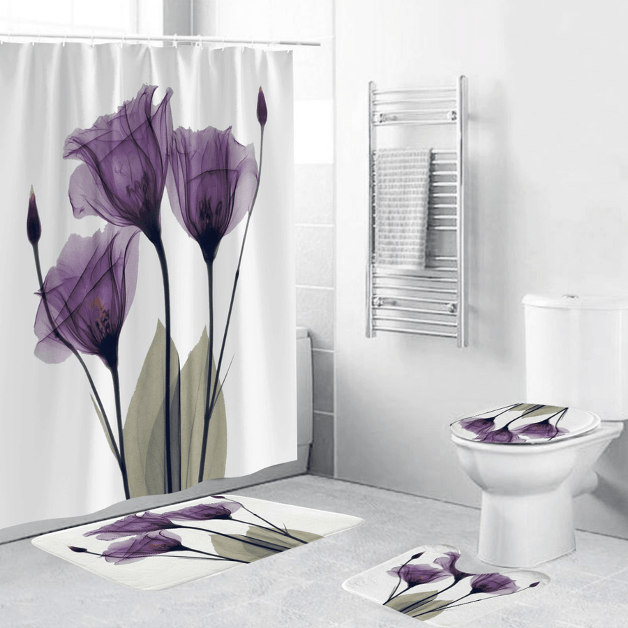4Pcs Waterproof Home Bathroom Bath Mat Set anti Slip Rugs Toilet Lid Cover Shower Curtain - Trendha