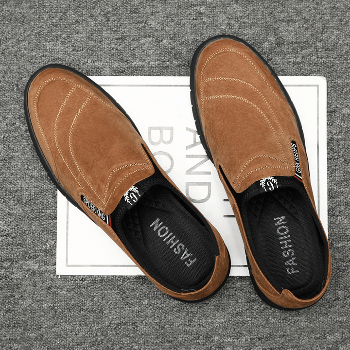 Men Comfy Pigskin Leather Stitching Non-Slip round Toe Lazy Slip-On Loafers Shoes - Trendha