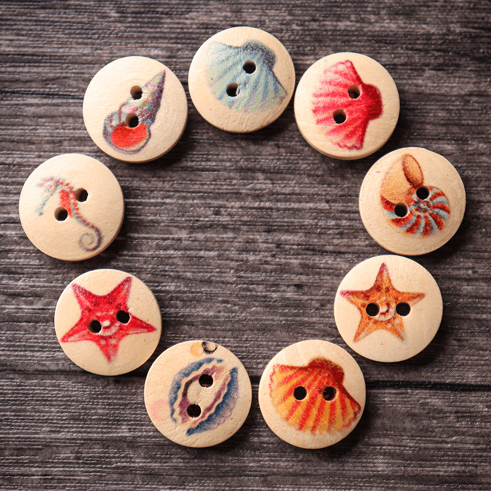 100 PCS Ocean round Pattern Wooden Button Mixed 2 Hole Natural Sewing Handmade Clothes Buttons - Trendha