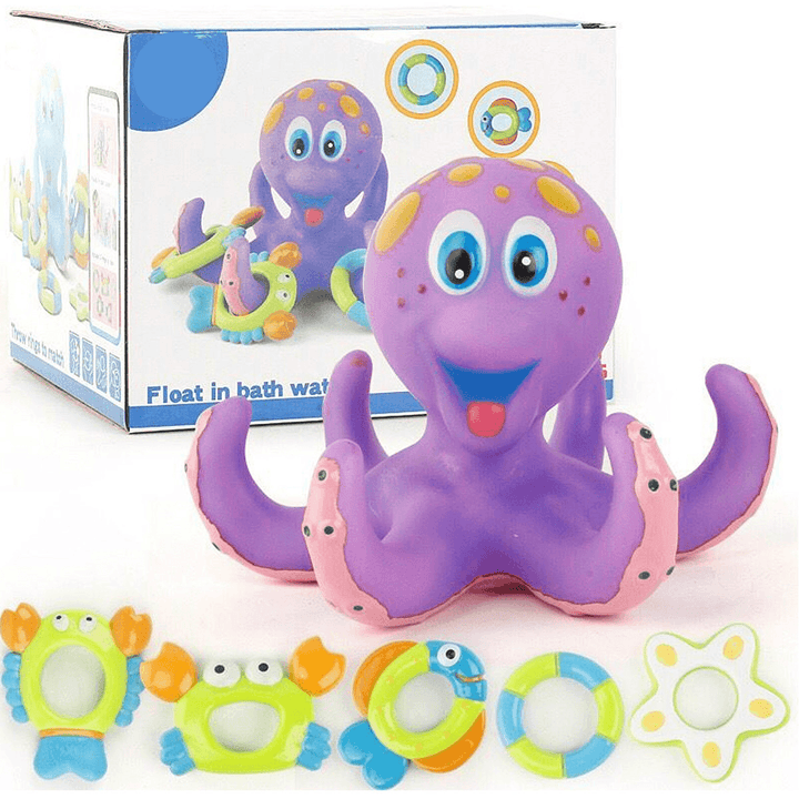 Octopus Floating Soft Rubber ABS Baby Bath Toys with 5 Marine Animal Rings Cast Circle for Kids Gift - Trendha
