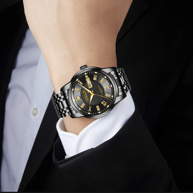 KINGNUOS K-1683 Fashion Men Watch Date Week Display Stainless Steel Strap Business Quartz Watch - Trendha