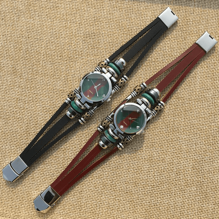 Deffrun Retro Style Men Bracelet Watch Vintage Simple Rhinestone Cowhide Quartz Watch - Trendha