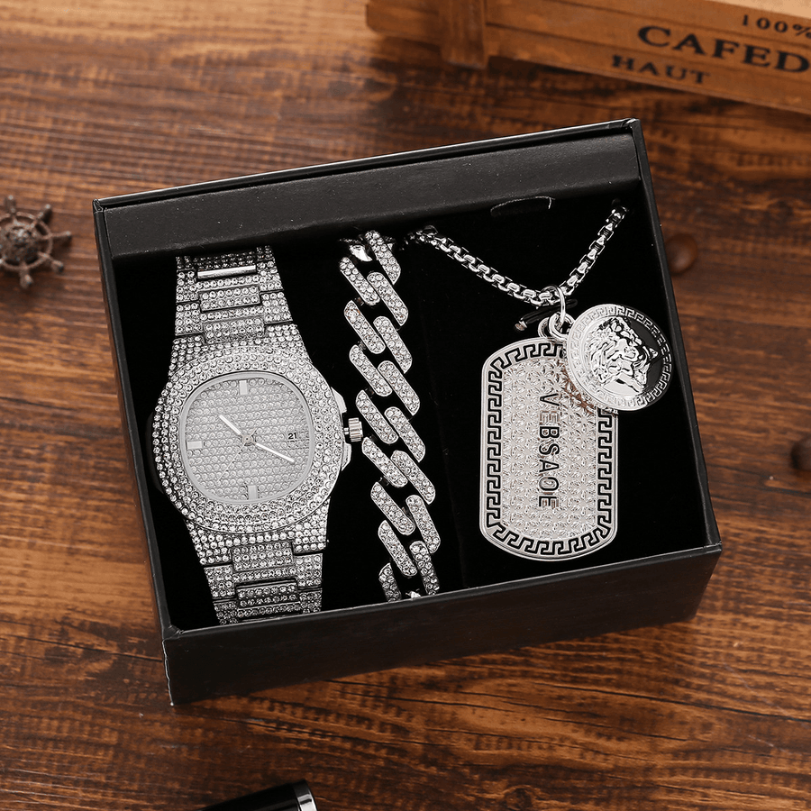 3 Pcs Men Watch Set Inlaid Diamond Steel Band Quartz Watch Necklace Bracelet Jewelry Gift Kit - Trendha