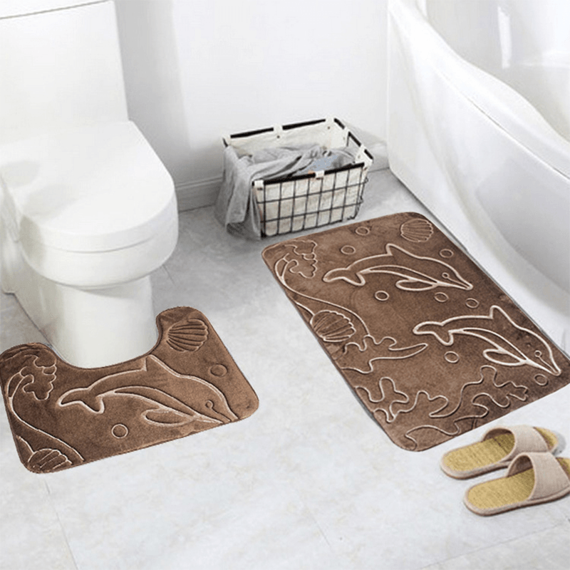 2Pcs 3D Dolphin Flannel Toilet Lid Bath Rugs Soft Floor Home anti Slip Shower Carpets Bathroom Mat Set - Trendha