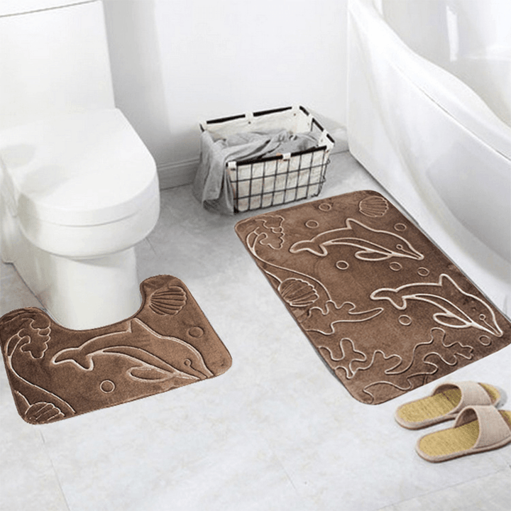 2Pcs 3D Dolphin Flannel Toilet Lid Bath Rugs Soft Floor Home anti Slip Shower Carpets Bathroom Mat Set - Trendha