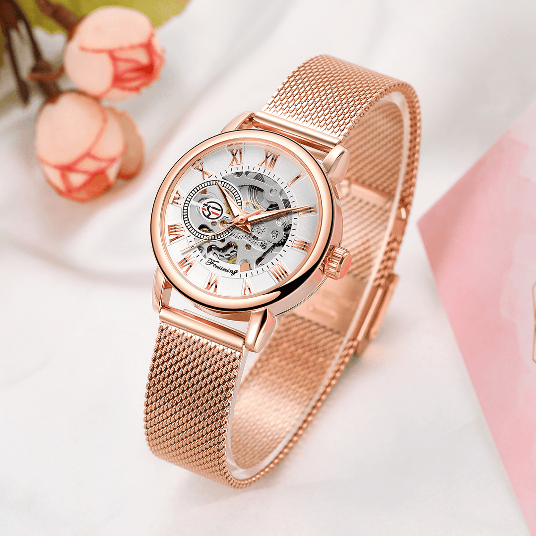 FORSINING FSL8099 Female Automatic Watch Hollow Dial Stainless Steel Strap Women Mechanical Watch - Trendha