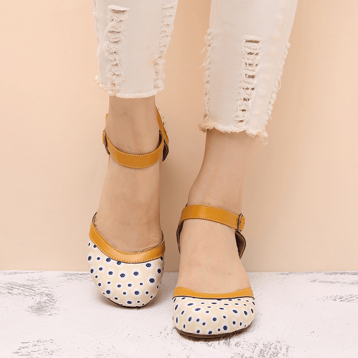 Women Flower Pattern D'Orsay round Toe Ankle Strap Comfy Casual Heels Pumps - Trendha