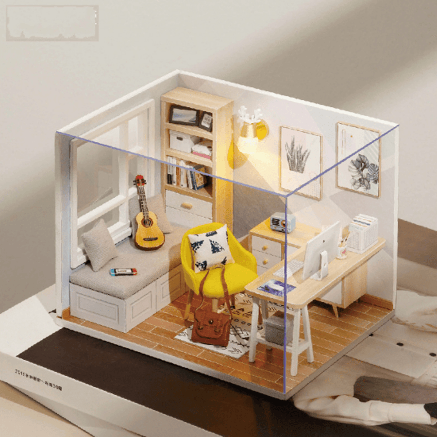 CUTEROOM DIY Doll House Sunshine Study Room Standard with Cover with Furniture Indoor Toys - Trendha