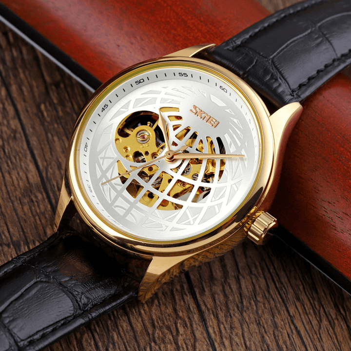 SKMEI 9209 Luxurious Style Men Business Hollow Dial Leather Strap Fashion Automatic Mechanical Watch - Trendha