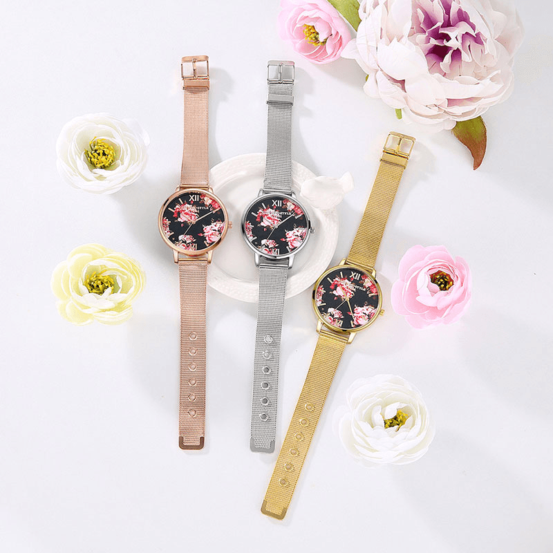 LVPAI Mesh Steel Band Casual Style Ladies Wrist Watch Flower Elegant Design Quartz Watch - Trendha