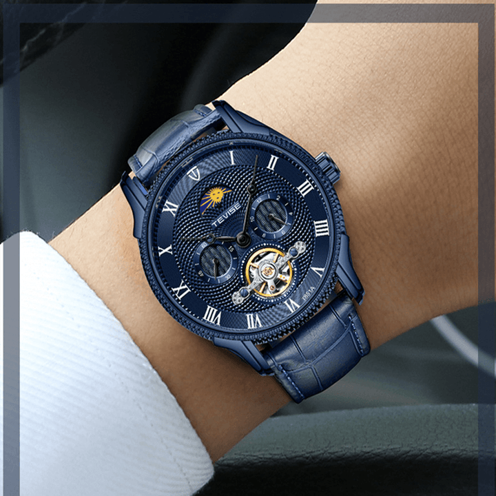 TEVISE T851A Moon Phase Automatic Mechanical Watch Roman Number Leather Band Men Watch - Trendha