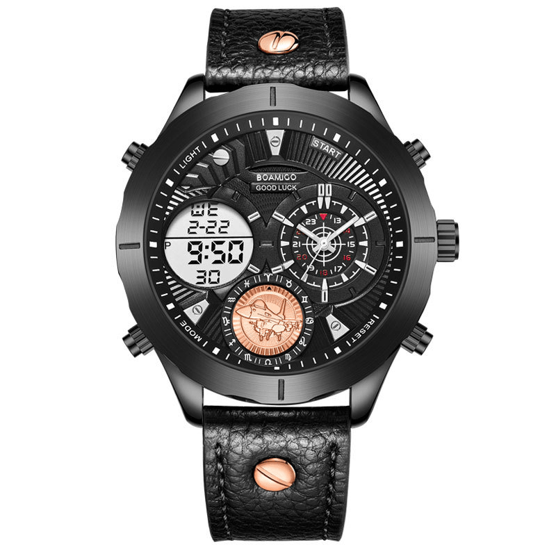 BOAMIGO F940 Dual Time Zones Analog Digital Watch Leather Band LED Light Men Wrist Watch - Trendha