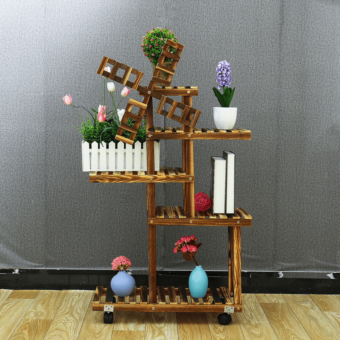 Multi-Layer Wooden Flower Stand Plants Shelf Flower Potted Windmill Plant Holder Display Outdoor Decor Planting Tools Kit - Trendha