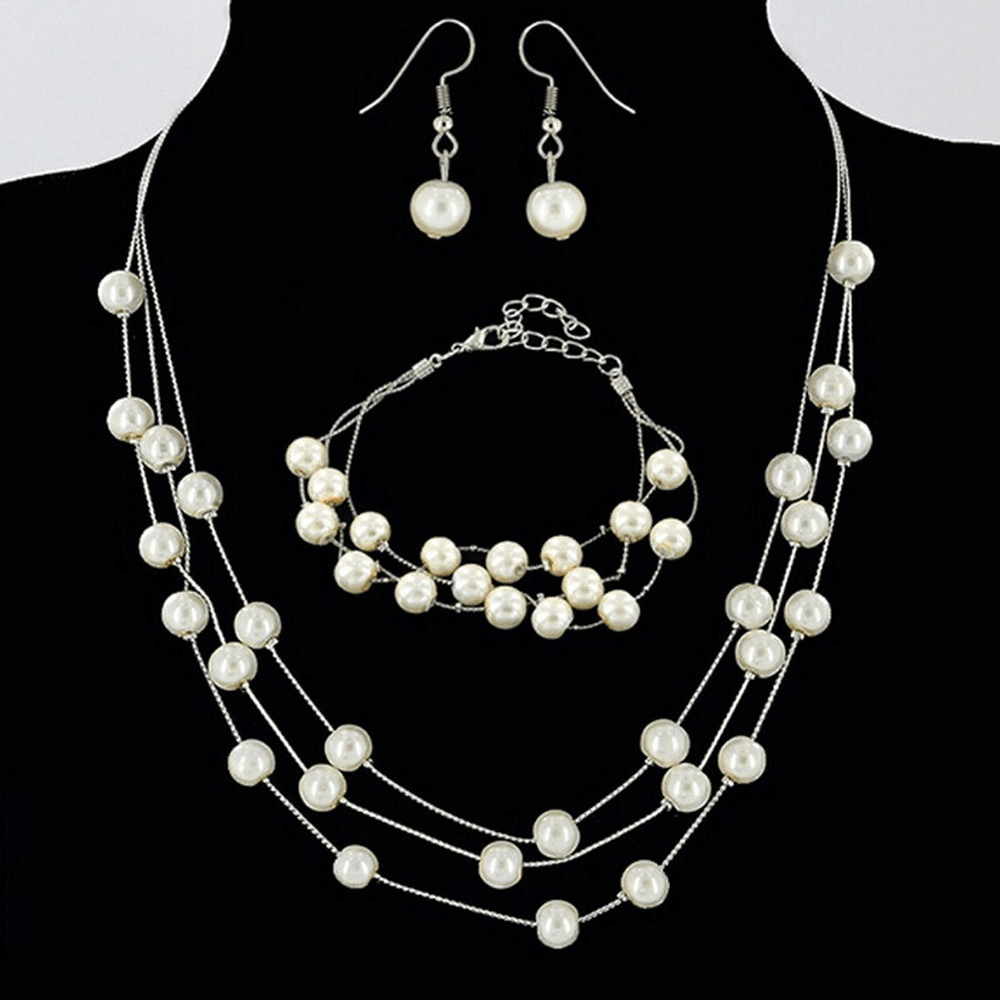 Deffrun 4 Pcs Women Watch Set Full Diamond round Watch Pearl Bracelet Earrings Necklace Gift Kit - Trendha