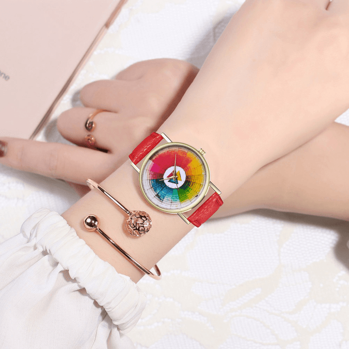 Vintage Color Wheel Color Board Women Classic Style Leather Band Quartz Watch - Trendha