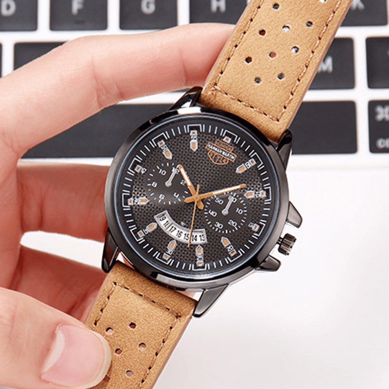 Vintage with Calendar round Dial Breathable PU Leather Band Waterproof Men Quartz Watch - Trendha