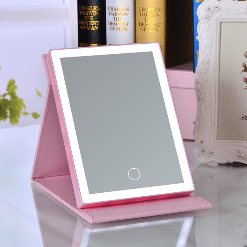 Fold LED Touch Screen Makeup Table Mirror PU Leather USB Charge Cosmetic Mirror Lamp Luminous Tool - Trendha
