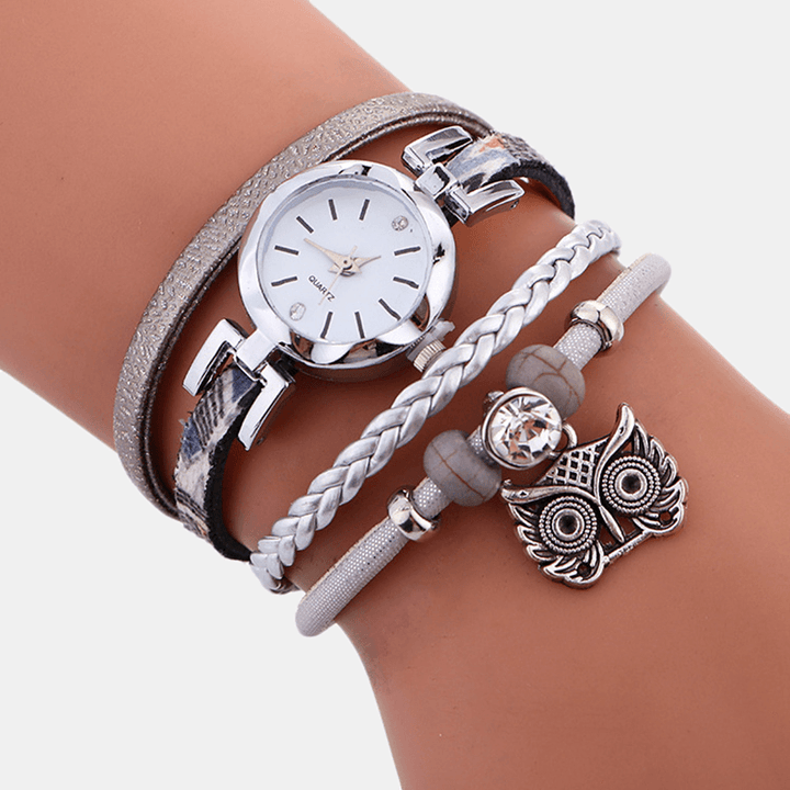 Bohemian Cute Owl Leather Bracelet Watch Ethnic Metal Rhinestone Multi-Layer Wrist Watches - Trendha