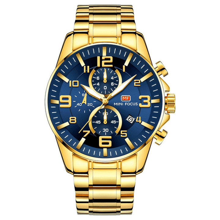MINI FOCUS MF0278G Royal Golden Stainless Steel Chronograph Business Quartz Watch Men Wristwatch - Trendha