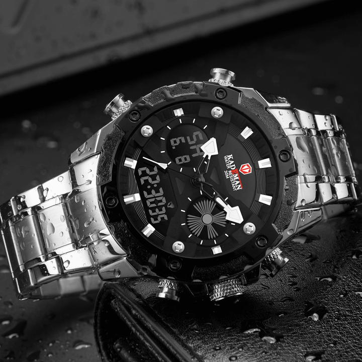 KADEMAN K9049 Men Fashion Stainless Steel Alarm Clock Luminous Display Waterproof Watch Dual Display Digital Watch - Trendha