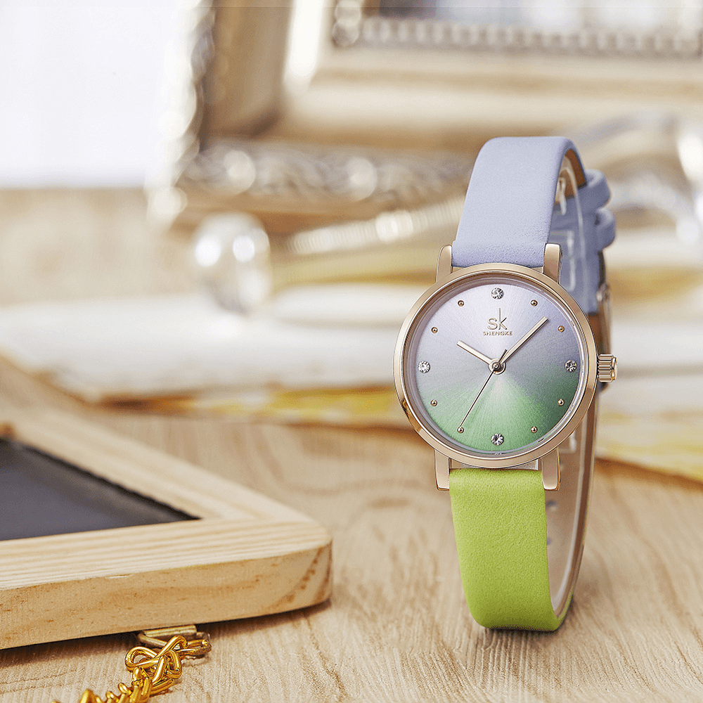 SHENGKE SK K8029 Fashion Color Gradient Leather Strap Luxury Women Crystal Dial Quartz Watch - Trendha