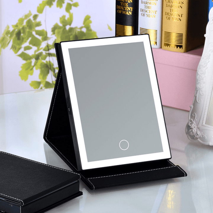 Fold LED Touch Screen Makeup Table Mirror PU Leather USB Charge Cosmetic Mirror Lamp Luminous Tool - Trendha