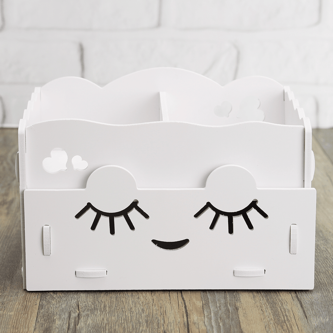 Smiling Face Cute Wooden White Makeup Organizer Neat Table Collecting Case Cosmetics Tools - Trendha