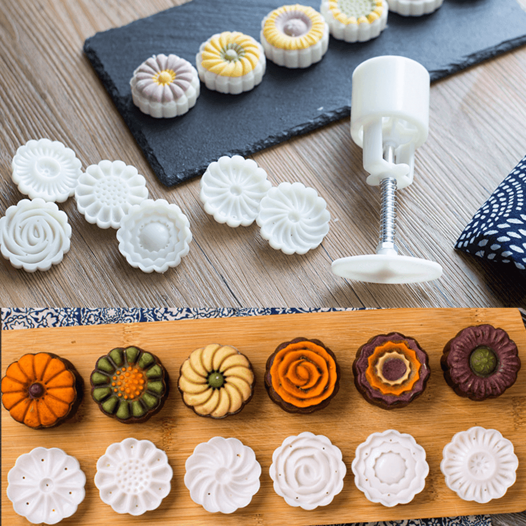 Round Mooncake Pastry Mold 50G Hand Press Mould Flower Pattern Festival Decor DIY Decor W/ 6 Stamps - Trendha
