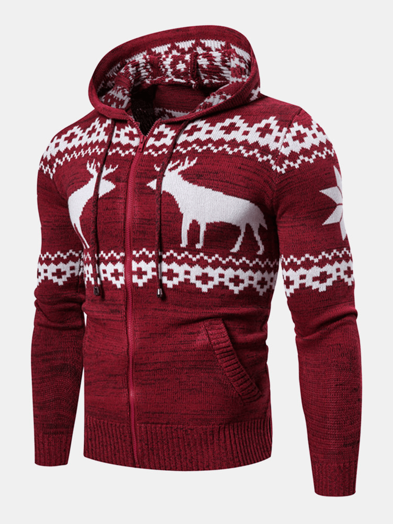 Christmas Mens Deer Pattern Knitted Hooded Sweater Cardigans with Pocket - Trendha