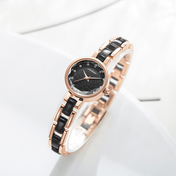 SINOBI 9836 Women Simple Three-Pin Crytal Diamonds Dial Fashion Ceramic Steel Strap Quartz Watch - Trendha