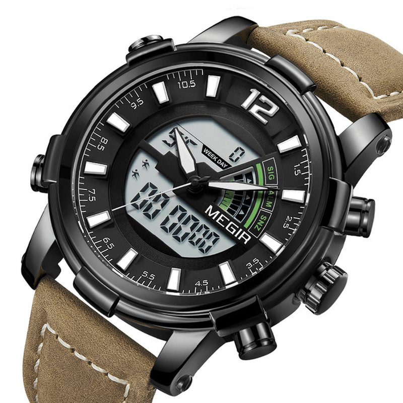 MEGIR 2089 Military Sport Style LED Chronograph Luminous Dual Display Digital Watch Leather Men Wrist Watch - Trendha