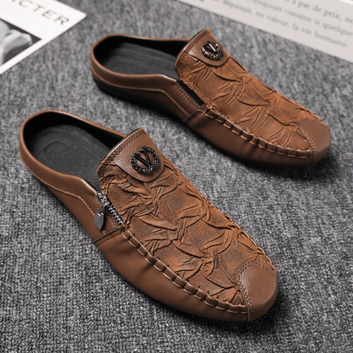 Men Leather Vintage Breathable Soft Bottom Closed Toe Comfy Casual Flat Slippers - Trendha