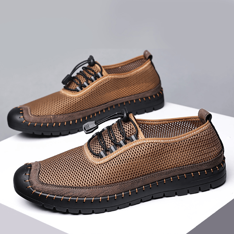 Men Mesh Breathable Hollow Out Hand Stitching Soft Bottom Closed Toe Casual Shoes - Trendha