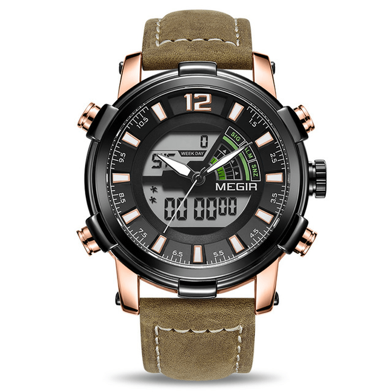 MEGIR 2089 Military Sport Style LED Chronograph Luminous Dual Display Digital Watch Leather Men Wrist Watch - Trendha