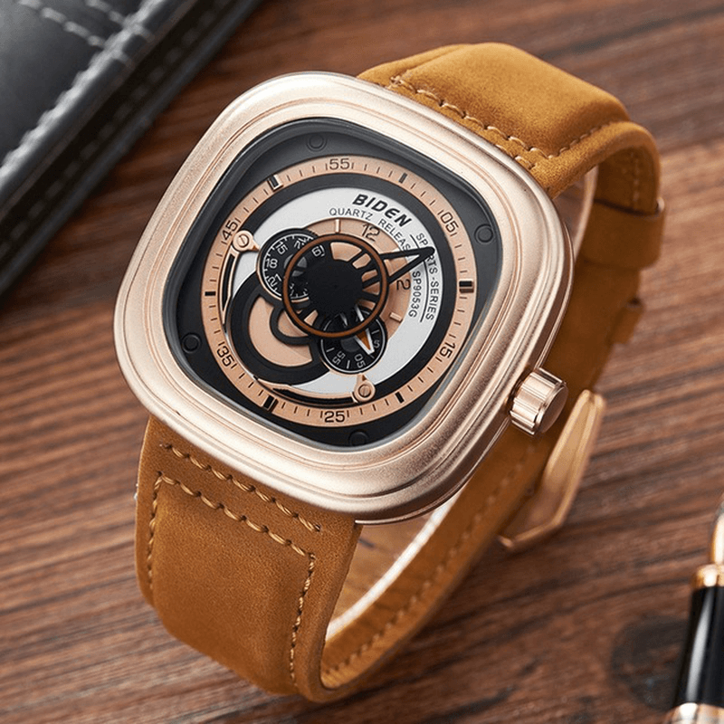 BIDEN 0035 Unique Design Creative Quartz Watch Genuine Leather Band Men Wrist Watch - Trendha