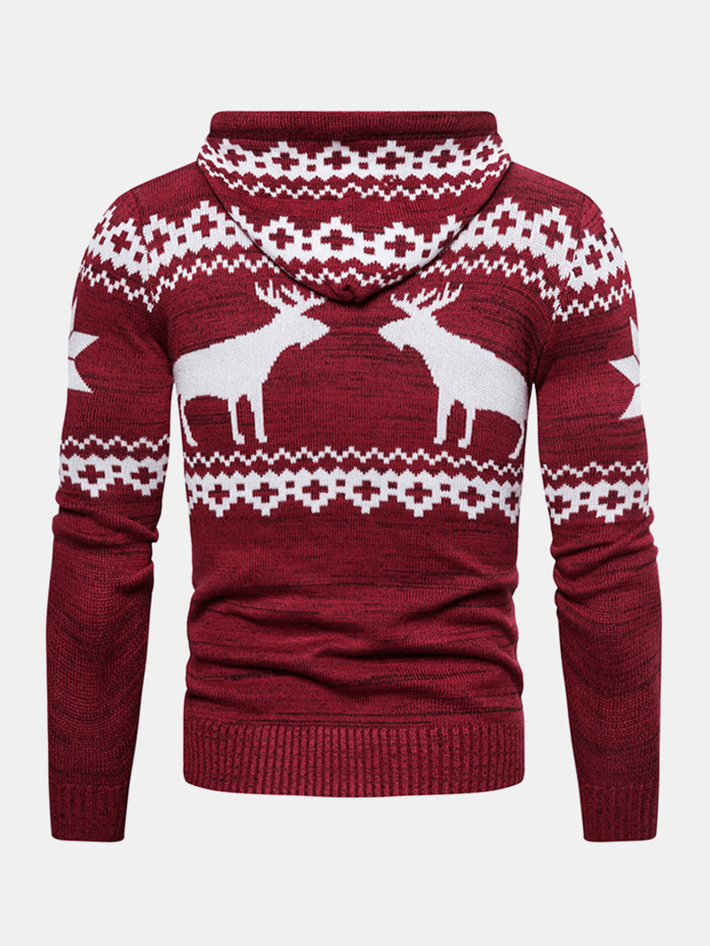 Christmas Mens Deer Pattern Knitted Hooded Sweater Cardigans with Pocket - Trendha