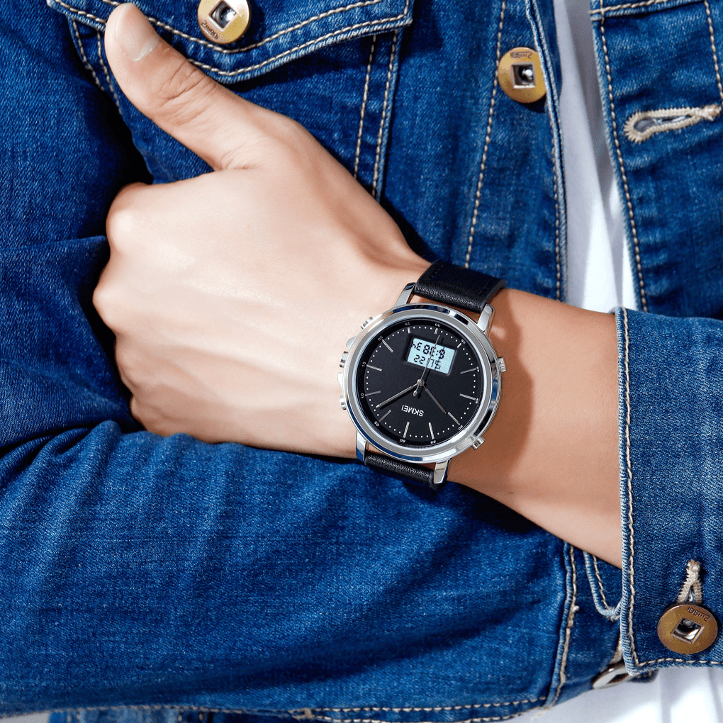 SKMEI 1652 Leather Alarm Stopwatch Sport Watch Luminous Display Men Waterproof Dual Display Digital Watch - Trendha