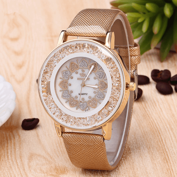 Crystal Shining Dress Ladies Watch Rose Gold Case Leather Strap Quartz Watches - Trendha
