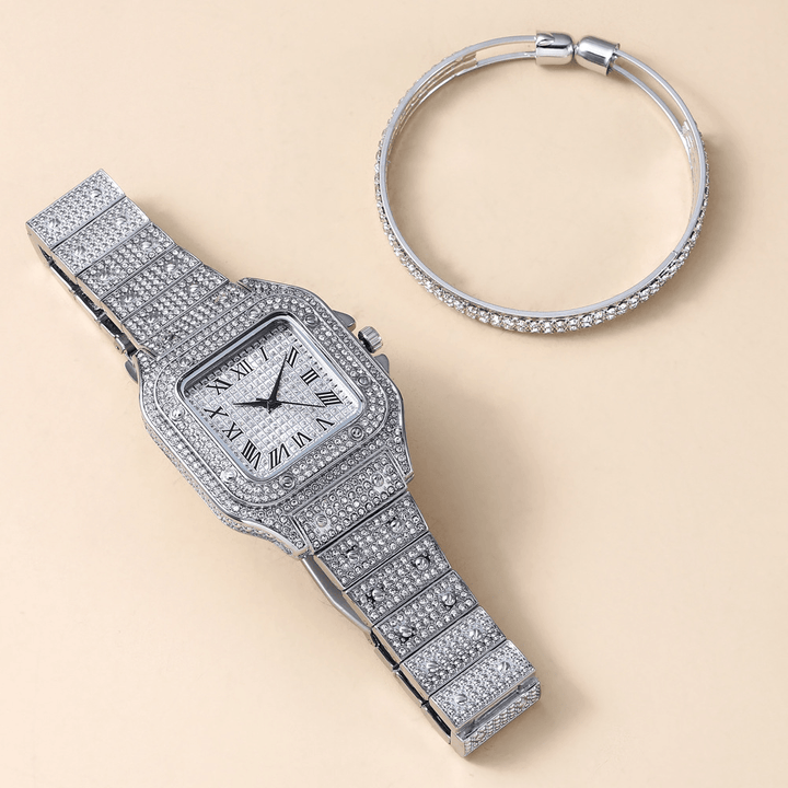 Fashion Alloy Business 2 PCS Square Full Diamond Steel Band Quartz Watch Bracelet Set - Trendha