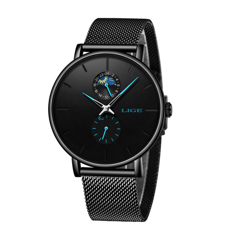 LIGE 9955 Moon Phase Date Display Ladies Wrist Watch Waterproof Full Steel Quartz Watch - Trendha
