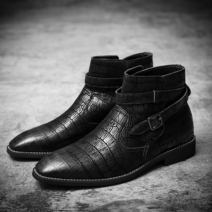 Men Fashion Comfy Embossed Leather Metal Buckle Strap Ankle Boots - Trendha